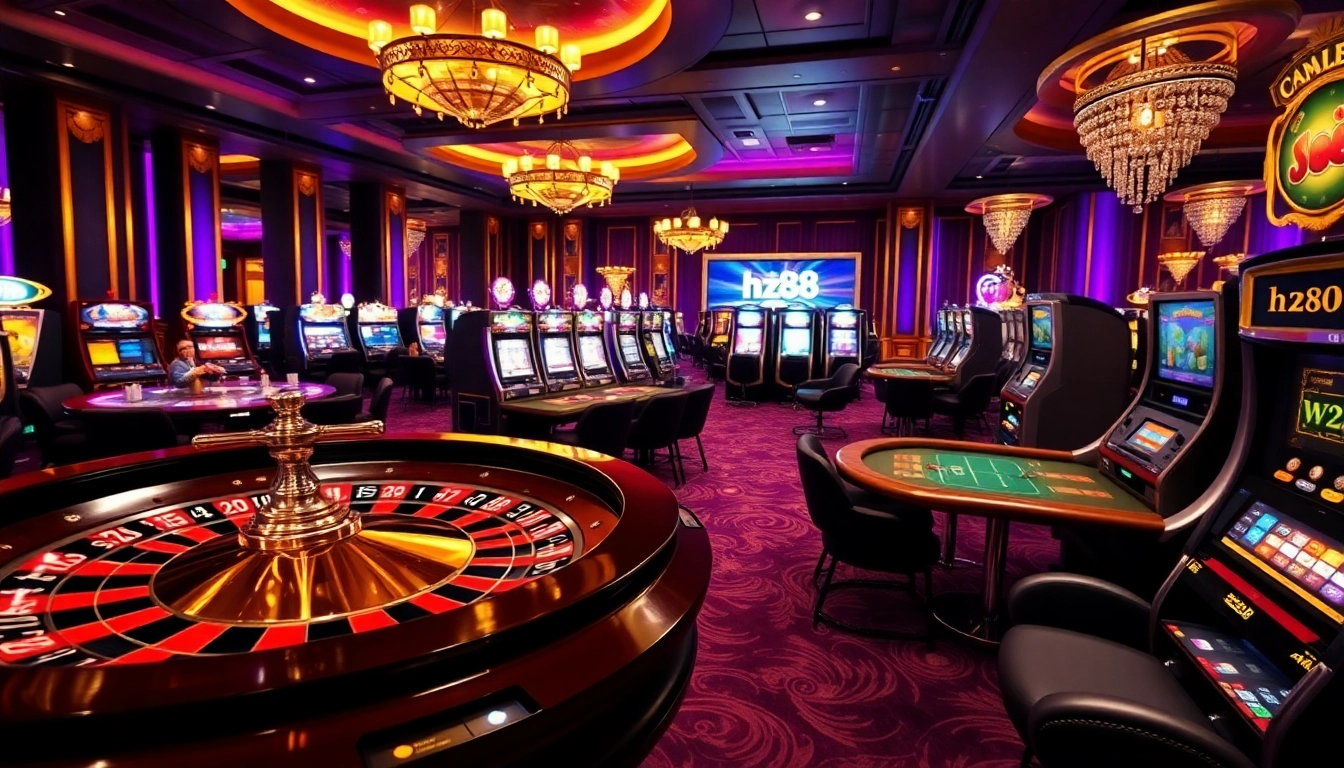 A lively casino experience showcasing various games, including the vibrant representation of hz88.