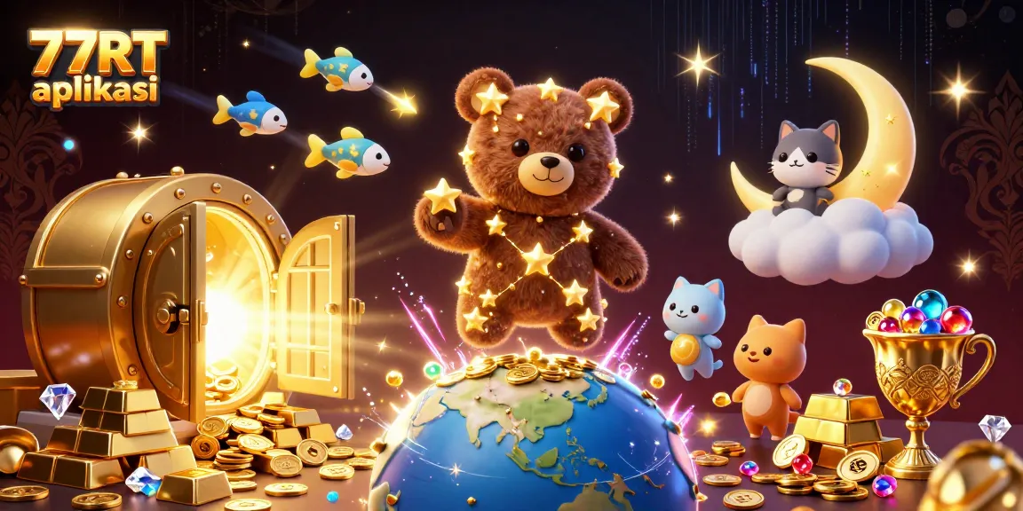 Engage with vibrant 77RT aplikasi as a constellation bear scoops coins while surrounded by casino treasures.