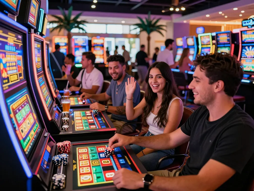 Experience the thrill of link gacor with friends enjoying vibrant slot machines and lively casino atmosphere.