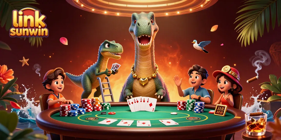 Experience link sunwin with a vibrant brontosaurus poker scene, embodying excitement and fun.