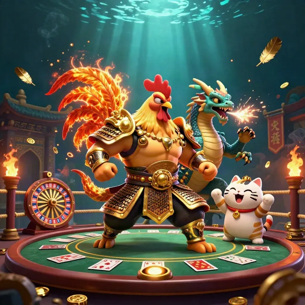 Rooster warrior, dragon hatchling and fortune cat amid casino relics and gold sparks.