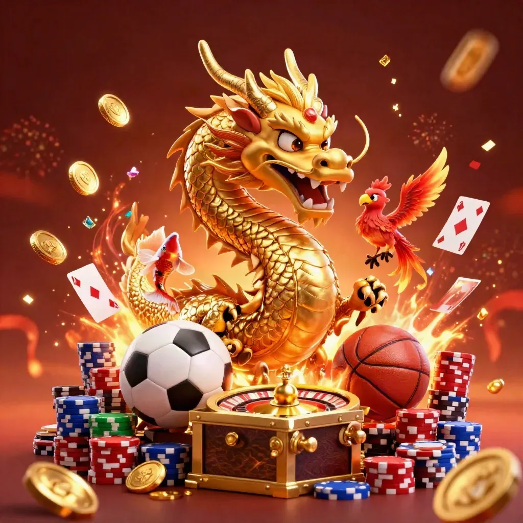Golden dragon and phoenix amid chips, roulette, coins, soccer ball and basketball in fiery glow.