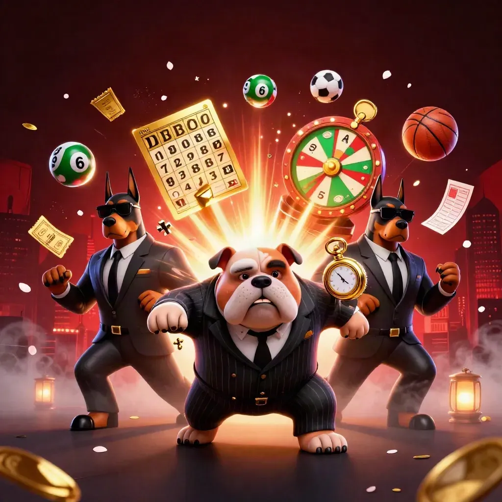 Bulldog boss and Doberman guards amid flying casino props, dark red haze, and glowing lights.