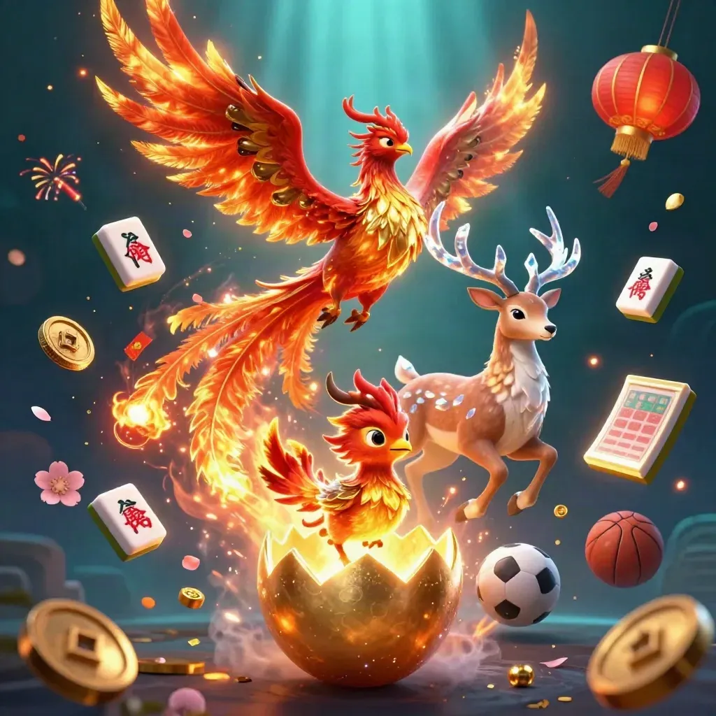 Phoenix, baby phoenix, and crystal-antlered stag amid casino tiles and glowing props