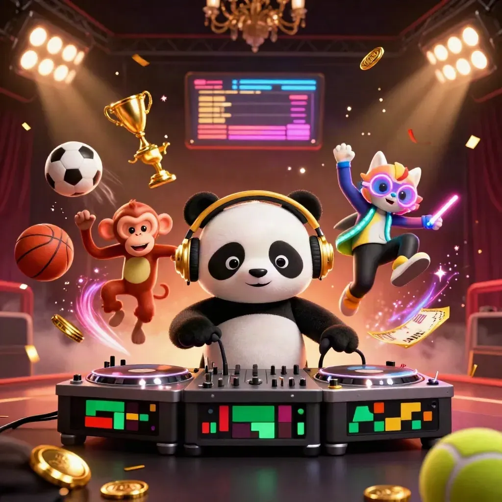 Low-angle casino key art of a DJ panda, breakdancing monkey, and glow-stick kitten amid flying balls and gold.