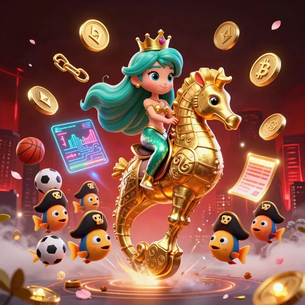 Mermaid princess rides a gold-armored seahorse amid coins, lightning, and casino glow.