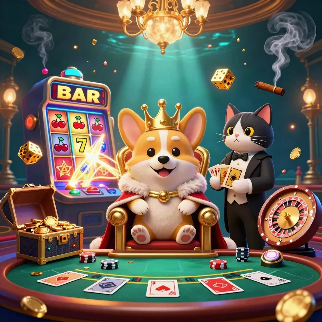 Royal corgi king and cat butler amid casino gold, slot bursts, dice, and a treasure chest.