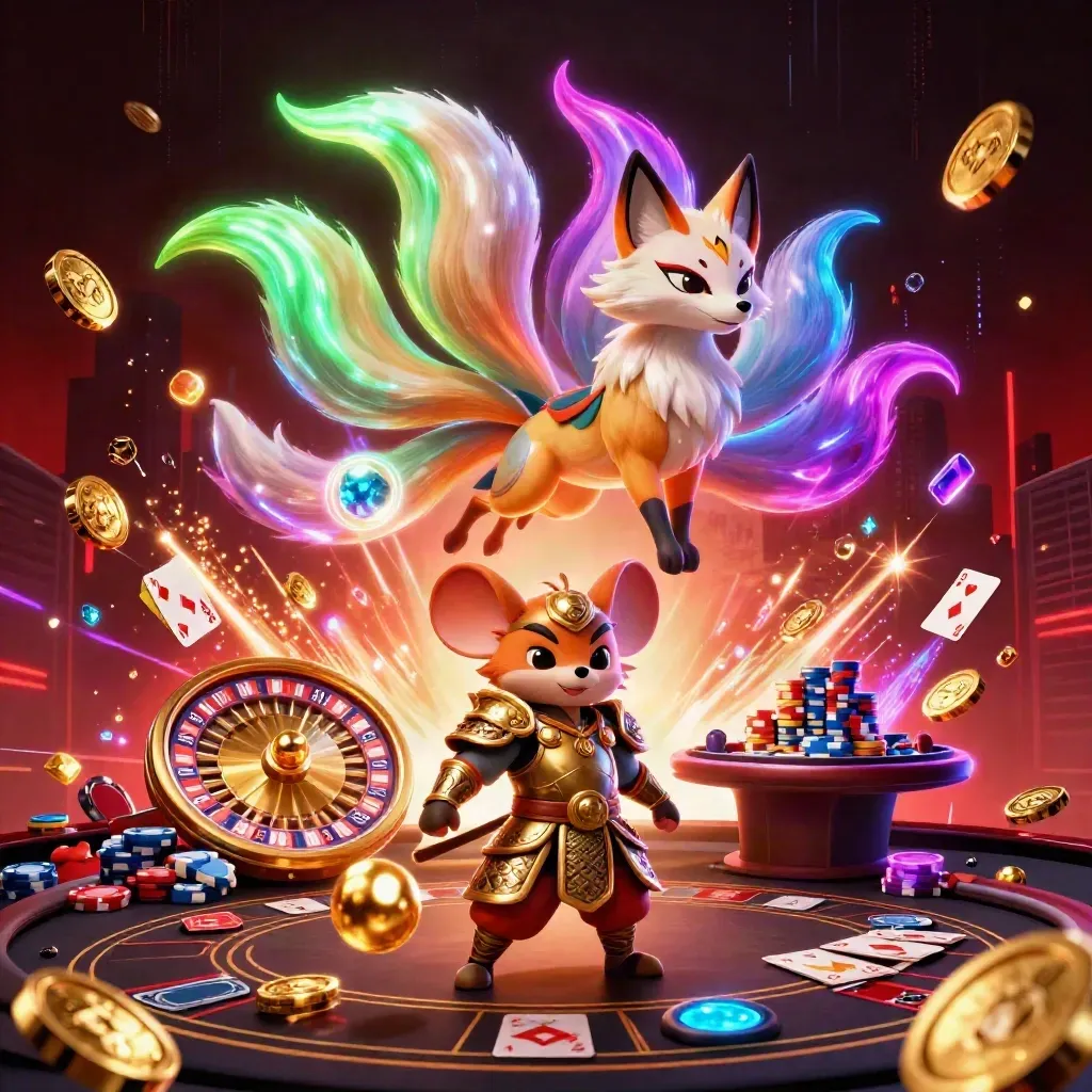 Fox spirit and armored samurai mouse amid casino gold, coins, roulette wheel, gems, and neon energy