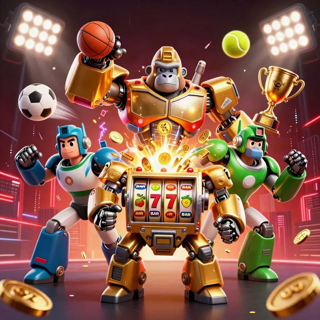 Golden gorilla mech with monkey pilot, sports balls, trophy and neon casino energy exploding outward.