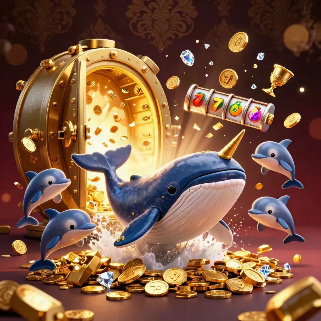 Whale captain, narwhal, and dolphins bursting from gold coins with casino treasures and glowing vault door.