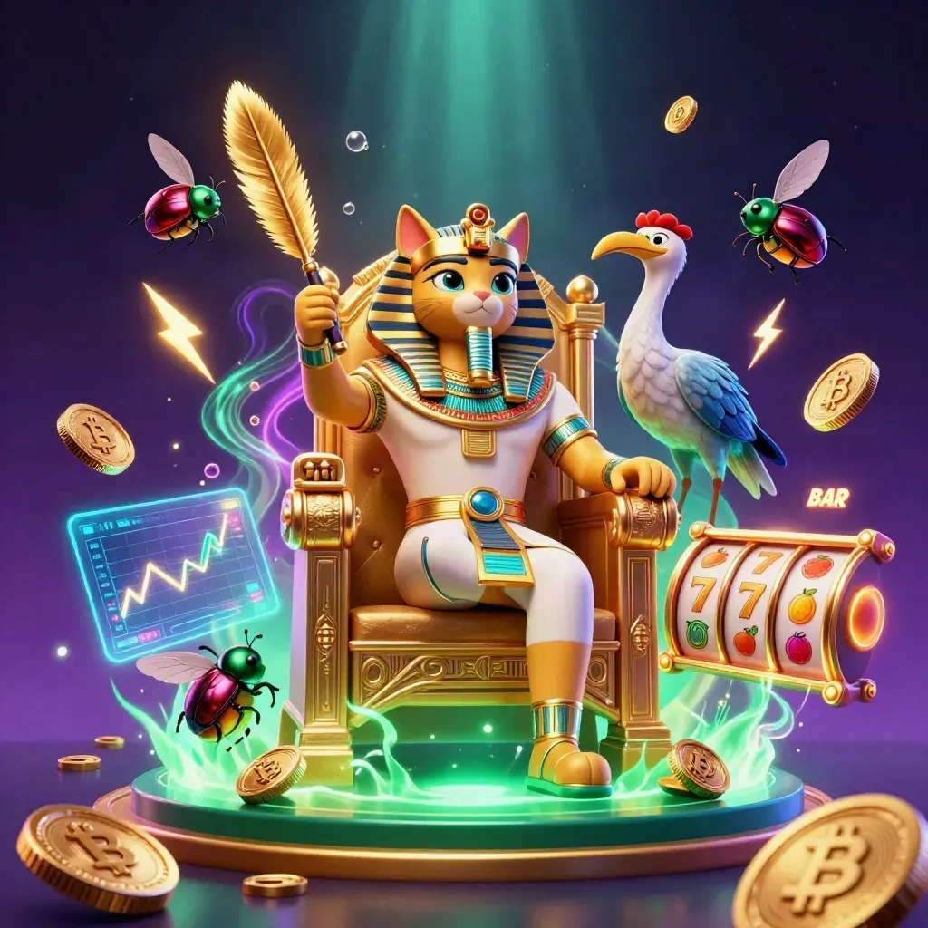 Pharaoh cat, ibis scribe, and gem-winged scarabs amid casino coins, lightning, and emerald glow.
