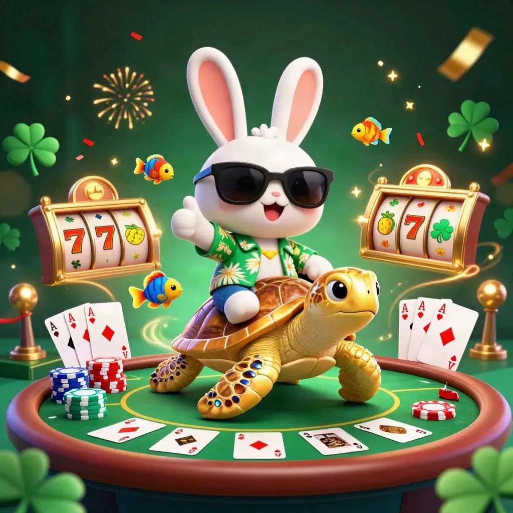 Rabbit in shades rides a gold sea turtle amid poker chips, cards, sparks, and casino glow.