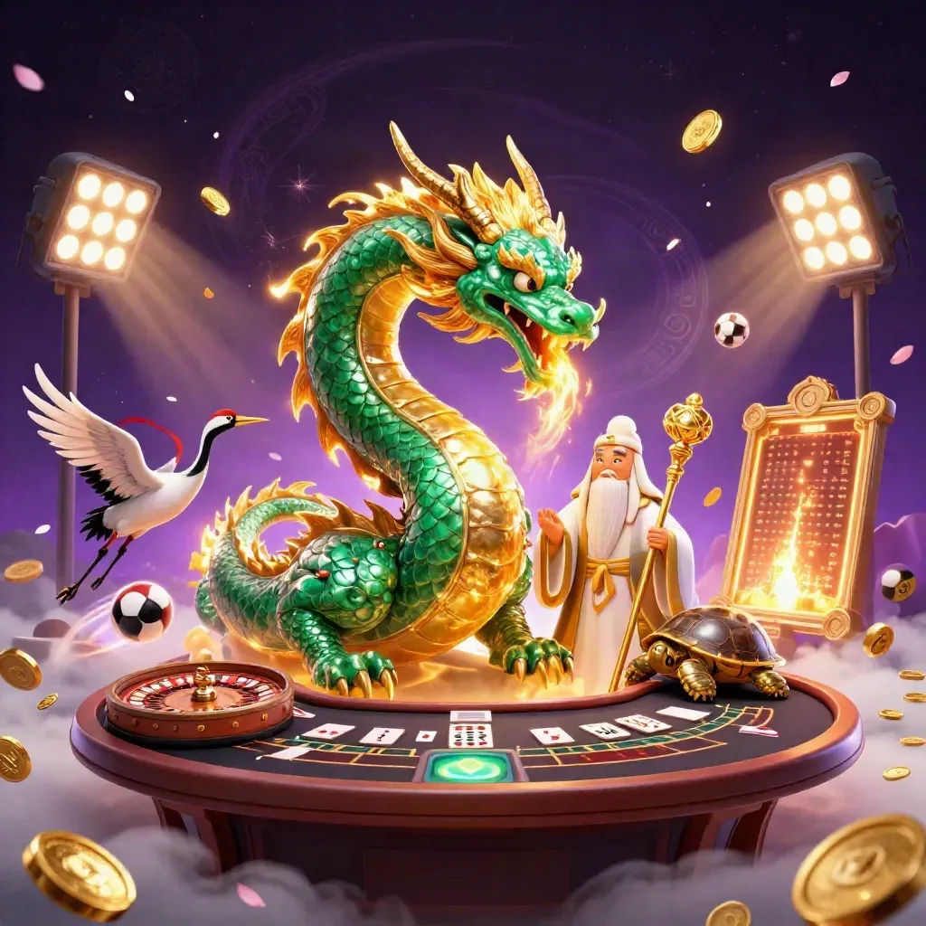 Emerald dragon, turtle sage, cranes, casino props, coins and fireworks in a luxe purple-gold burst.