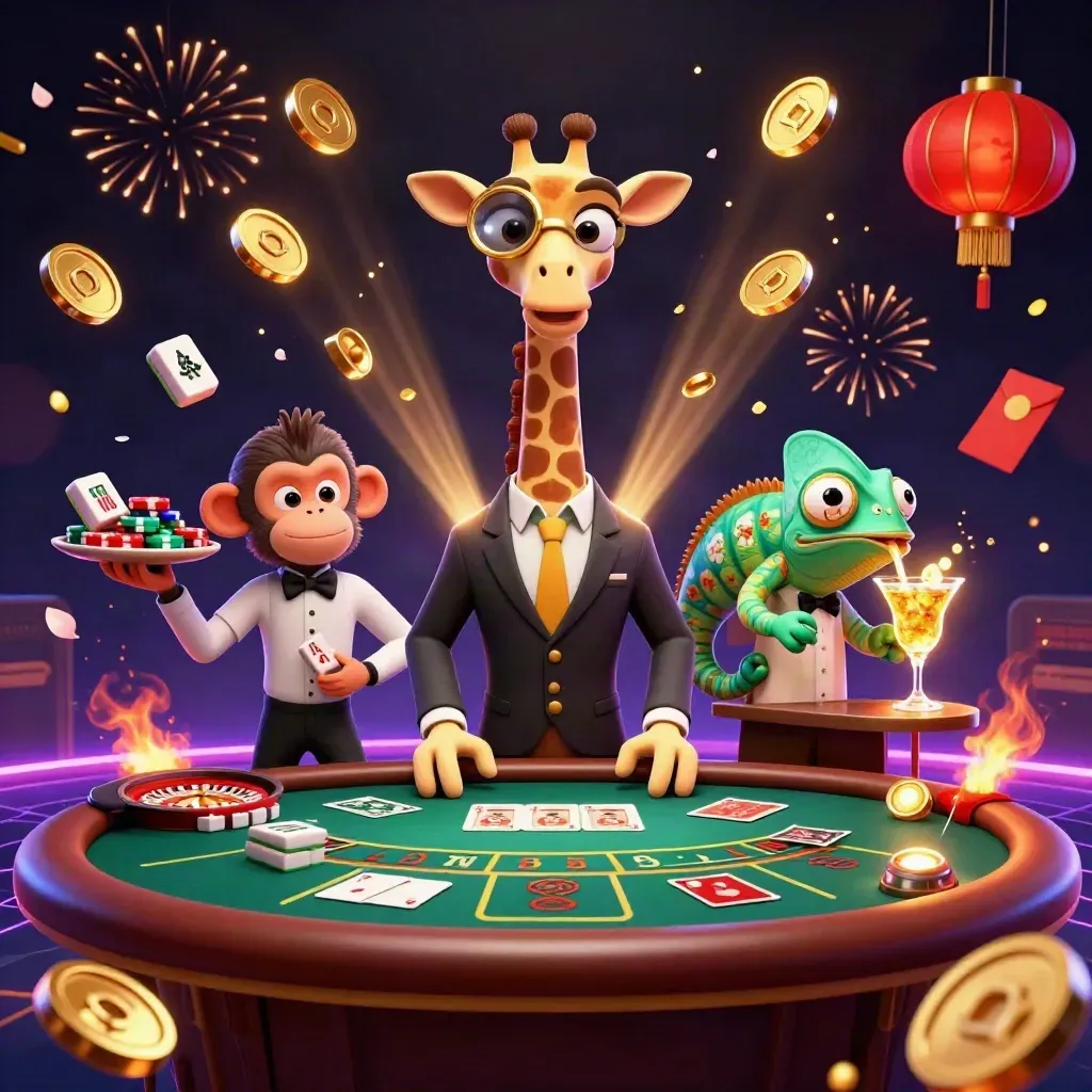 High-roller giraffe, monkey valet, and chameleon bartender amid vault burst and casino gold
