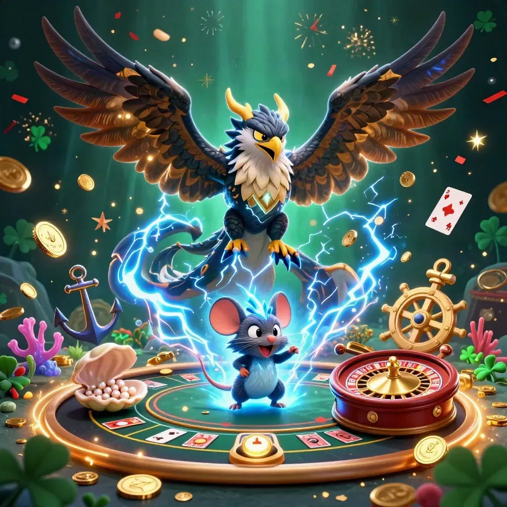 Thunder dragon, hawk, and mouse amid casino treasure, coins, lightning, and blackjack props.