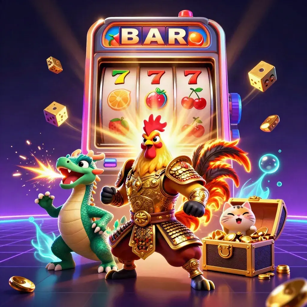 Rooster samurai, spark-breathing dragon, and cheering cat amid jackpot slot chaos.