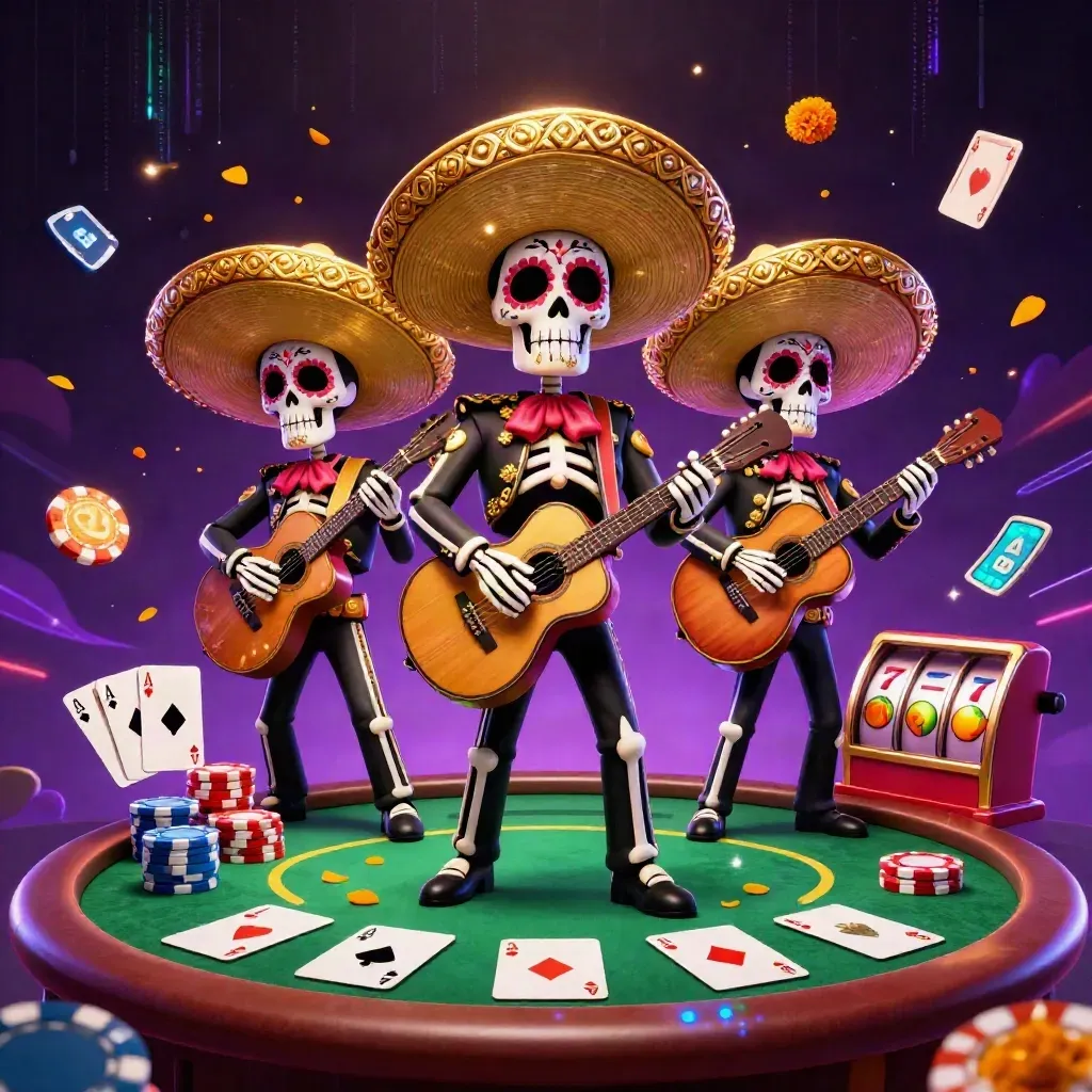 Skeleton mariachi trio amid chips, cards, slot reels, and neon casino magic.