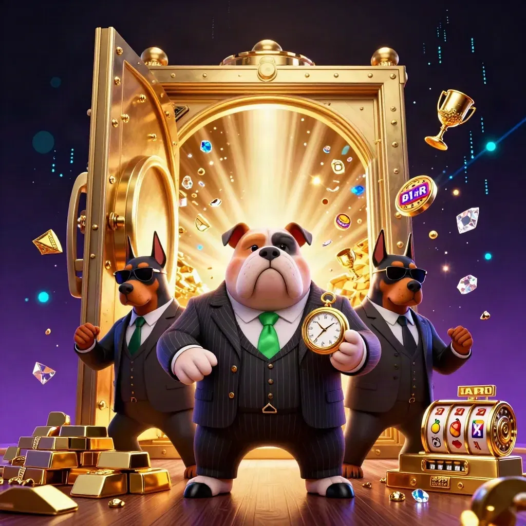 Bulldog mob boss with two bodyguards before a vault door, gold bars and casino sparks.