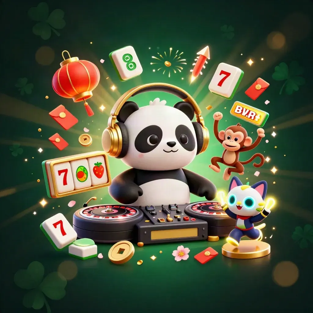 DJ panda, monkey, and rave kitten on roulette wheels amid gold casino effects.