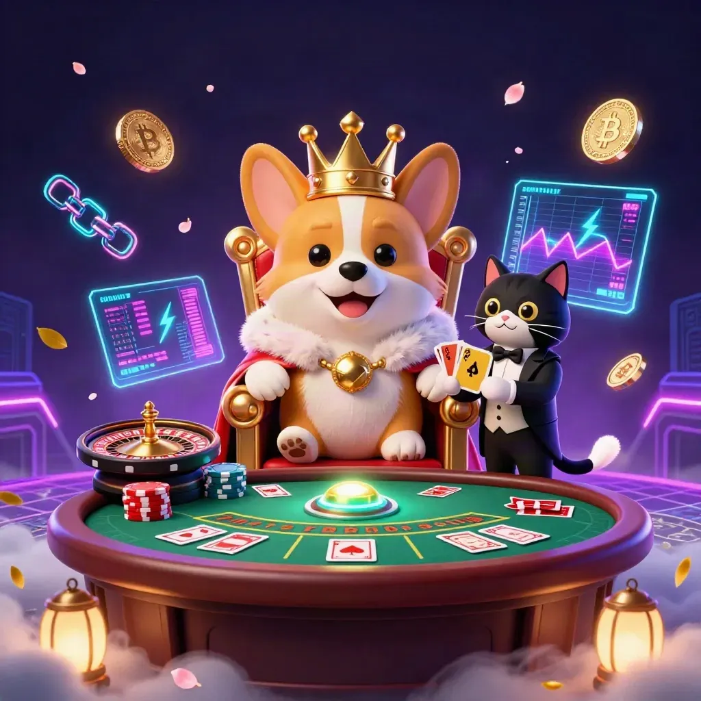 Royal corgi and cat butler in a neon casino scene with chips, cards, coins, and magical effects.