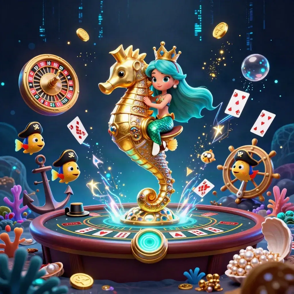 Mermaid princess riding an armored seahorse amid casino treasure, cards, coral, and neon sparks.