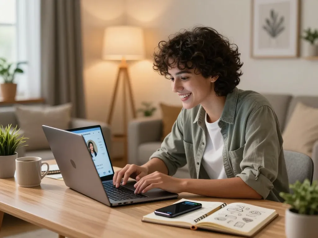 Interactive engagement with a sex chat AI in a cozy, stylish room, showcasing technology and comfort.