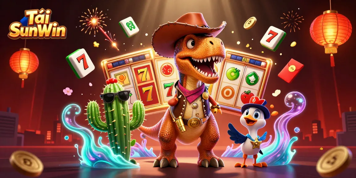 Tải SunWin features a lively scene with a T-Rex cowboy and casino elements like slot reels and golden mahjong tiles.