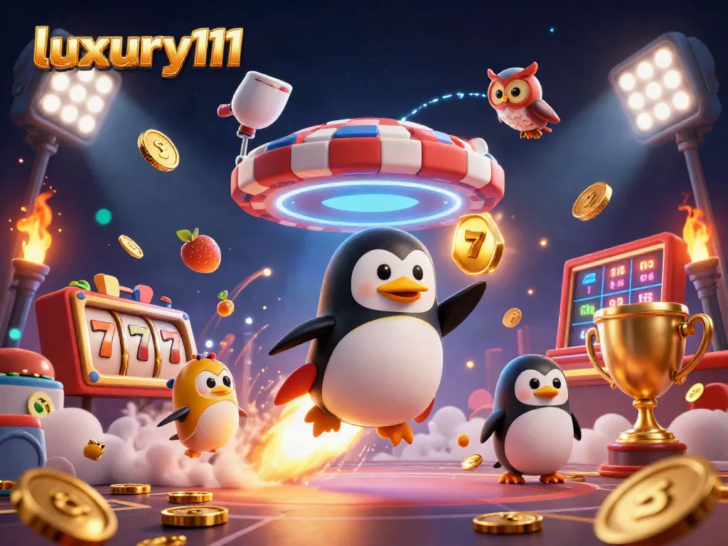 Experience luxury111 with an engaging 3D scene of a golden penguin racing towards a casino.