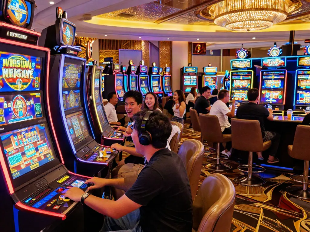 SLOT GACOR excitement in a colorful casino with players celebrating wins.