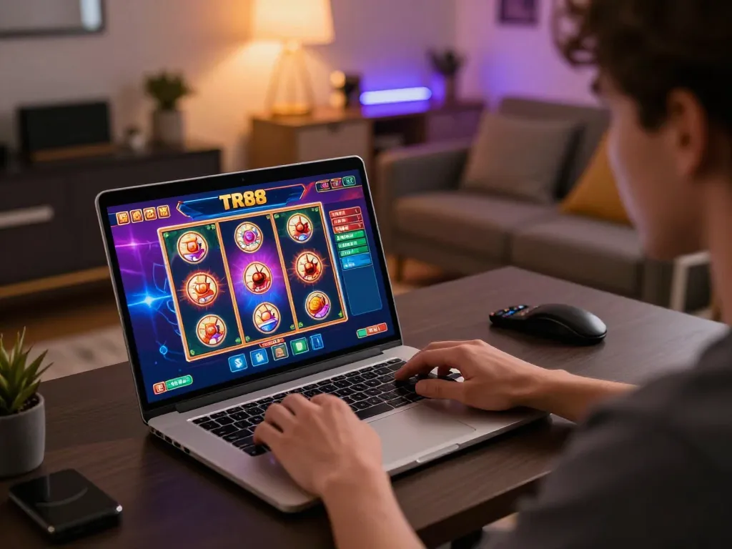 Player engaging with TR88 online slot machine on laptop, showcasing exciting gaming experience