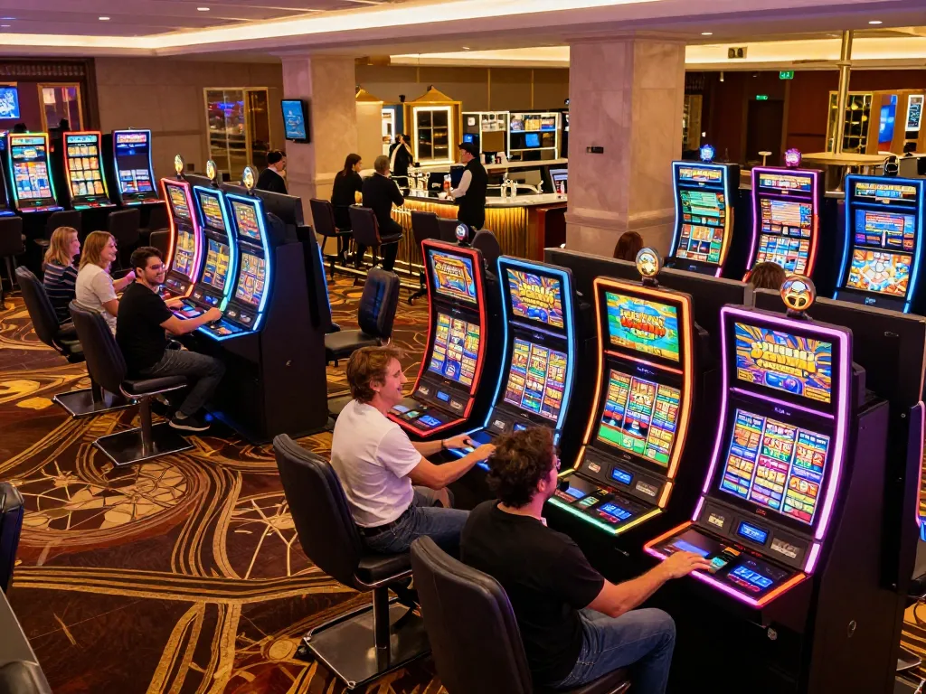 Pemain yang bersemangat menikmati aman788 slot online di kasino yang semarak, suasana permainan yang imersif.
