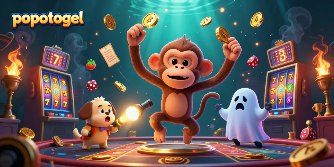 Engage with popotogel's lively casino experience featuring a playful poltergeist monkey juggling golden coins.
