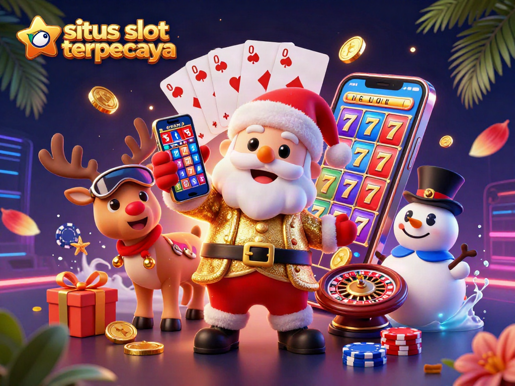 Situs slot terpercaya: Santa Claus dan sahabatnya bersenang-senang di kasino dengan slot jackpot dan elemen permainan lainnya.