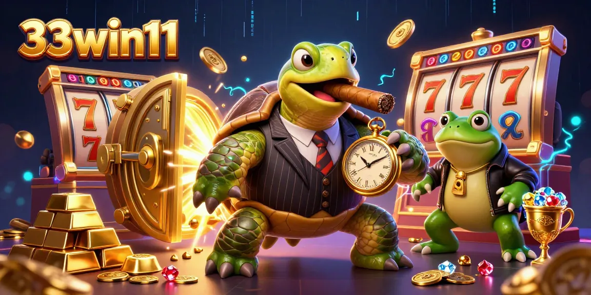 Experience the thrill of 33win11 with a dynamic casino scene featuring animated characters and jackpot elements.