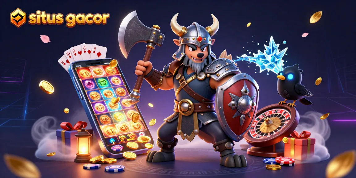 Experience situs gacor with a vibrant scene featuring a Viking warrior, a dragon, and animated gaming elements.