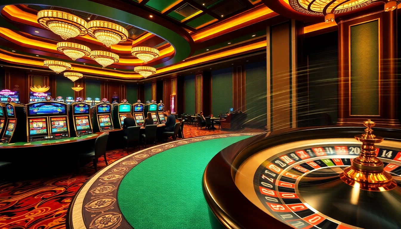 MM88 players enjoying the thrill of poker and slot machines in a vibrant casino setting.