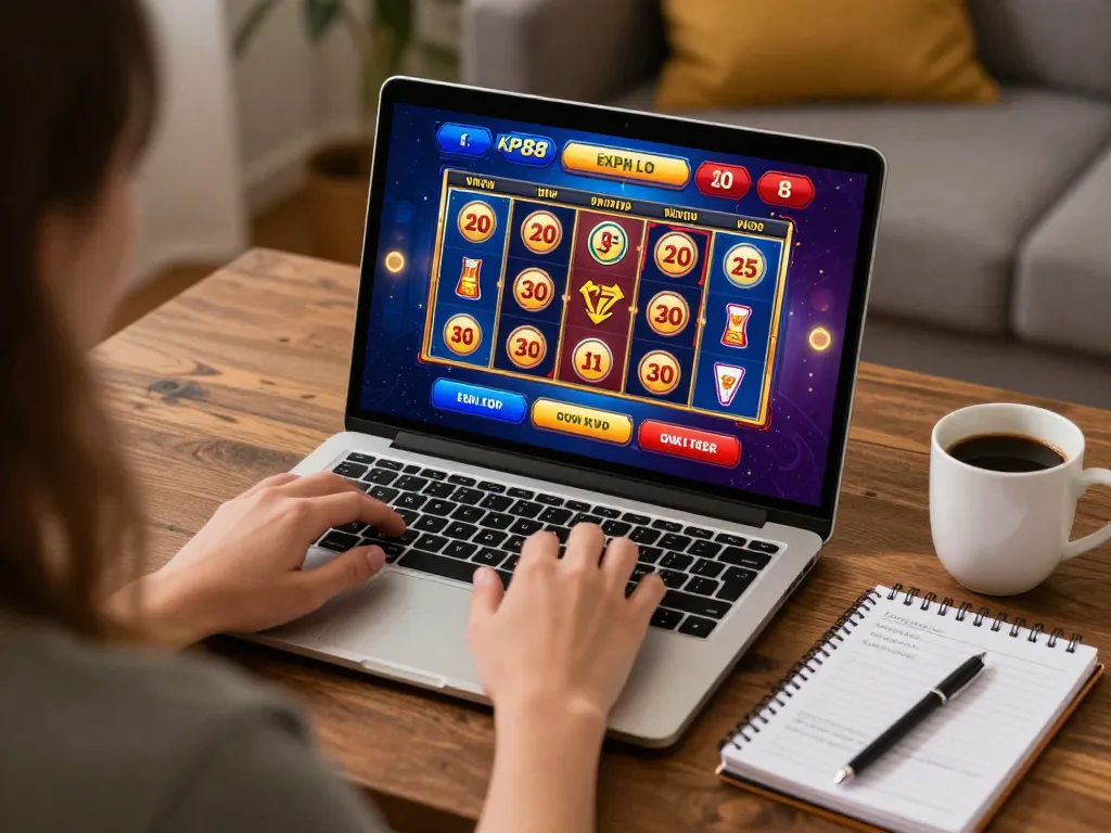 Engaging gameplay using KP88 apk in a cozy home setting with laptop and bankroll notes