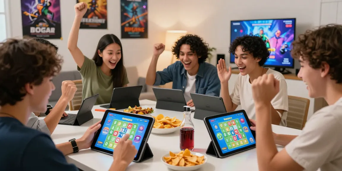 Friends playing Bingo app download apk on a tablet, enjoying snacks and vibrant game graphics, showcasing online gaming excitement.