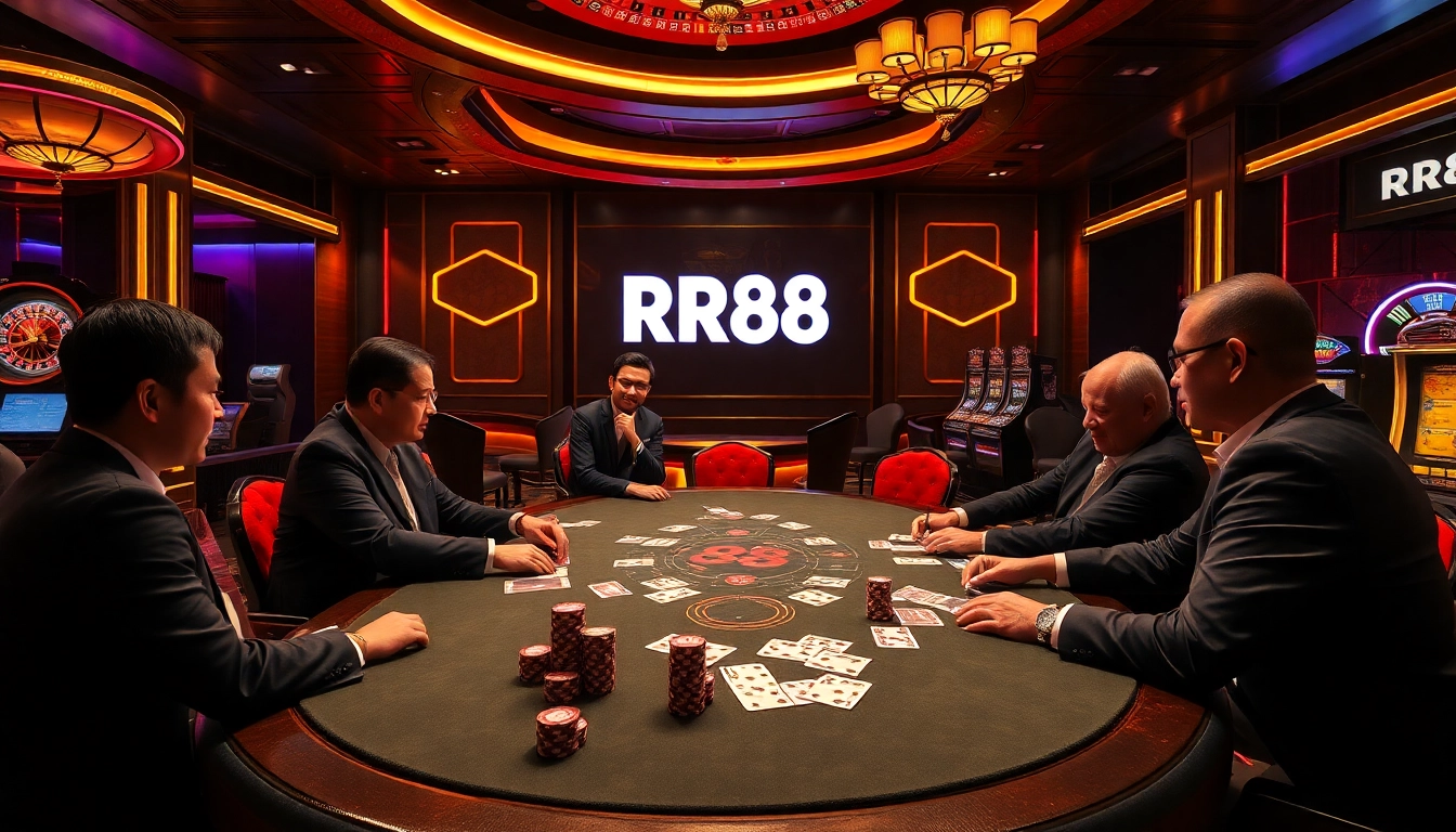 Engage with the excitement of RR88 at a luxurious casino poker table, filled with vibrant chips and cards.