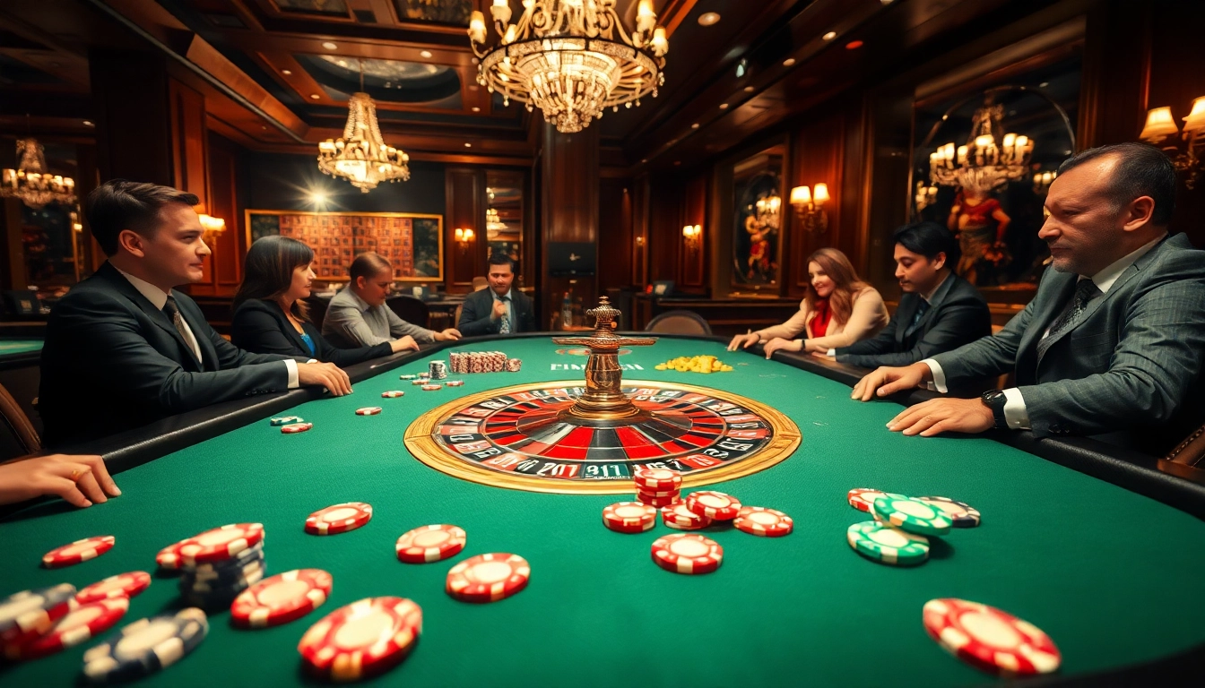 Spieler genießen spannende casino online spiele an einem Roulette-Tisch mit lebhaften Jetons und luxuriösem Ambiente.