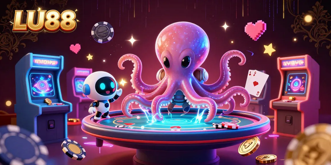 LU88 celebrates poker with an alien octopus and vibrant casino elements.