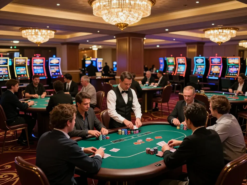 Enjoy watching ดูหนังออนไลน์ฟรี while players engage at vibrant poker tables in a luxurious casino setting.