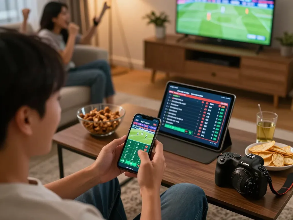KÈO TRỰC TUYẾN live betting excitement with friends at home, smartphone in use.