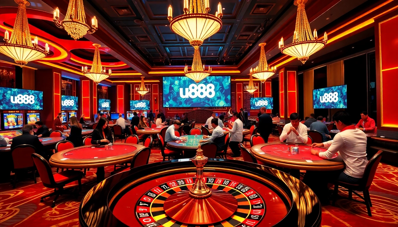 Exciting gaming scene highlighting u888 with players at a roulette table and poker games.