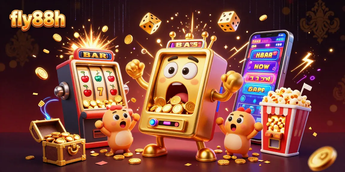 Experience the excitement of fly88h casino games with a golden slot machine hitting the jackpot amid cheering baby machines.