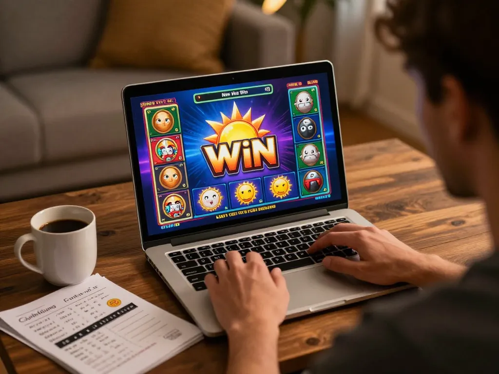 Player enjoying sun win online slots at home, showcasing strategic gaming and relaxed atmosphere.