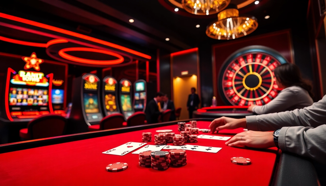 Man88 casino scene showcasing players betting at a vibrant poker table and exciting slot machines.