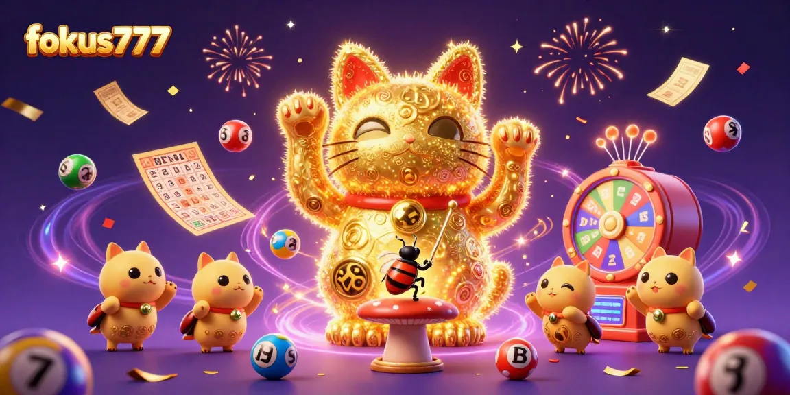 Experience excitement at fokus777 with a vibrant illustration of a lucky cat surrounded by lottery elements.