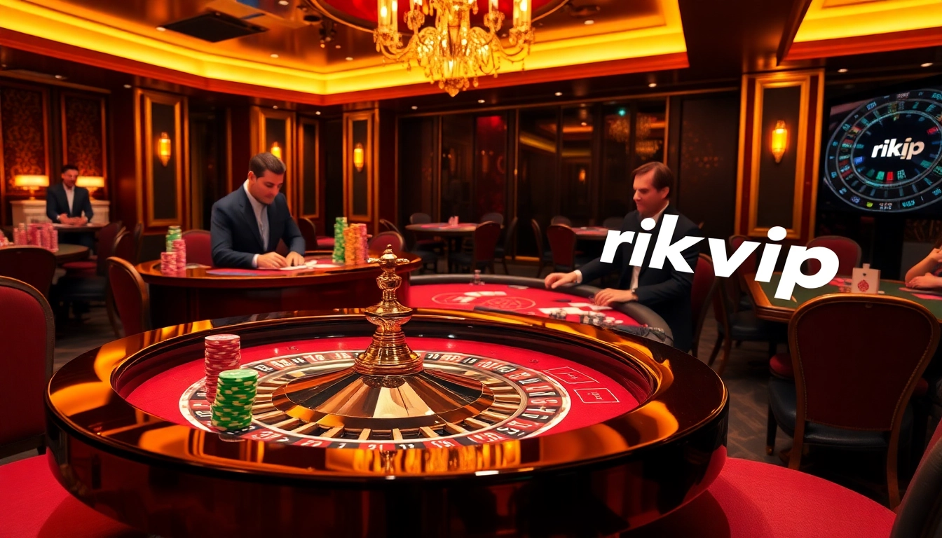 Players enjoying a thrilling poker game at a luxurious casino table, highlighting rikvip gaming experiences.
