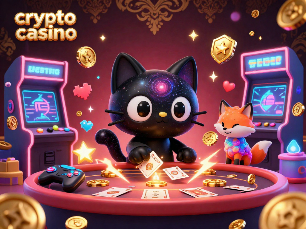 Cats and colorful gas companions pull in coins at a crypto casino arcade table filled with vibrant gaming elements.